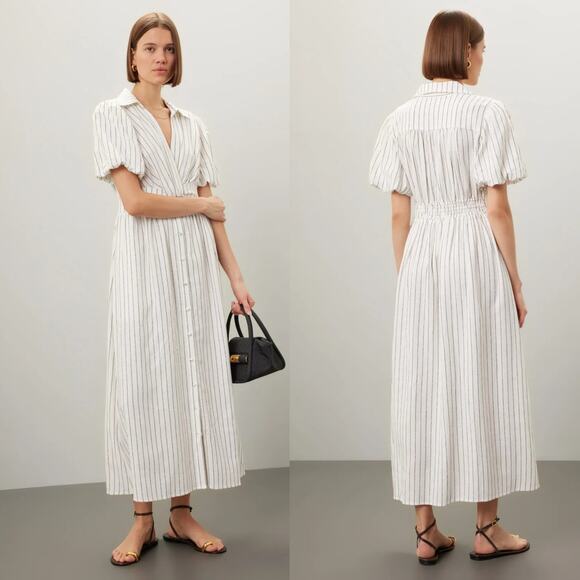 Derek Lam Maya Shirt Dress Striped Knot Waist Short Sleeve Midi Black & White 6 - Picture 1 of 12